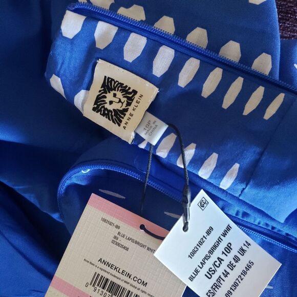 Anne Klein Cotton Tie Waist Fit & Flare Printed Sleeveless Dress Blue White 10P - Picture 10 of 14